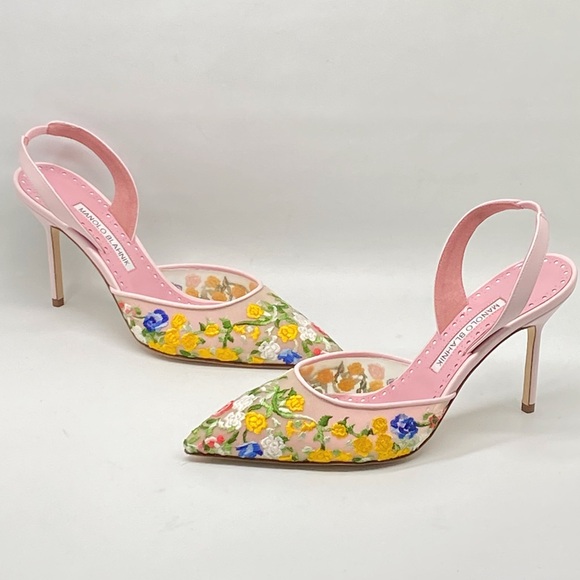 Manolo Blahnik 90MM Floral-Embroidered Mesh Slingback Pumps size 36.5 - Picture 5 of 14